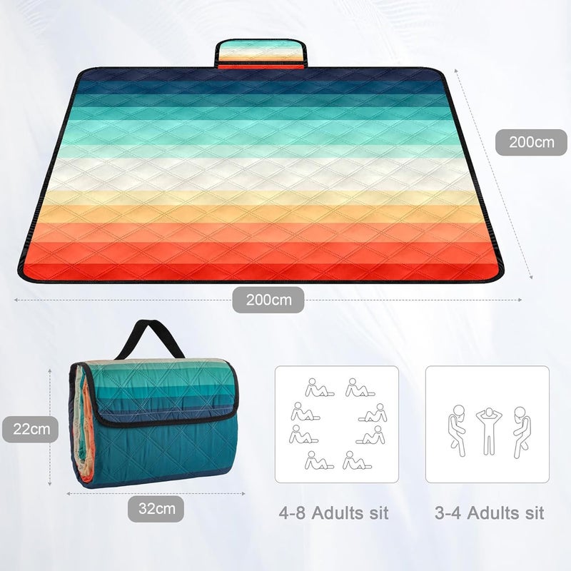 BEW Waterproof Picnic Blankets,79''x79'' Extra Large Foldable Sandproof Beach Blanket,Portable 3-Layer Polyester Outdoor Picnic Blanket for Grass Lawn,Beach,Family Camping,Park,Travel-Rainbow Stripe - Image 3